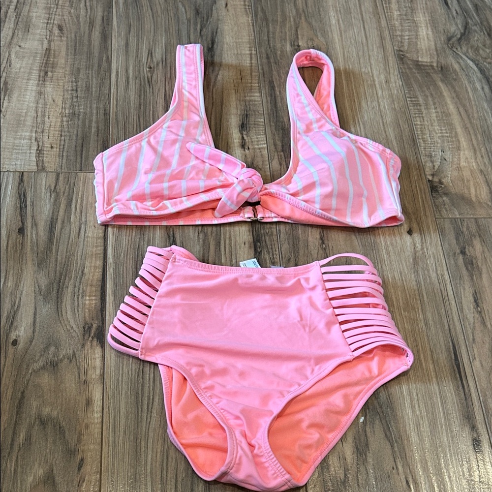 Pink Striped Knot-Front Bikini Set with High-Waist Strappy Bottoms